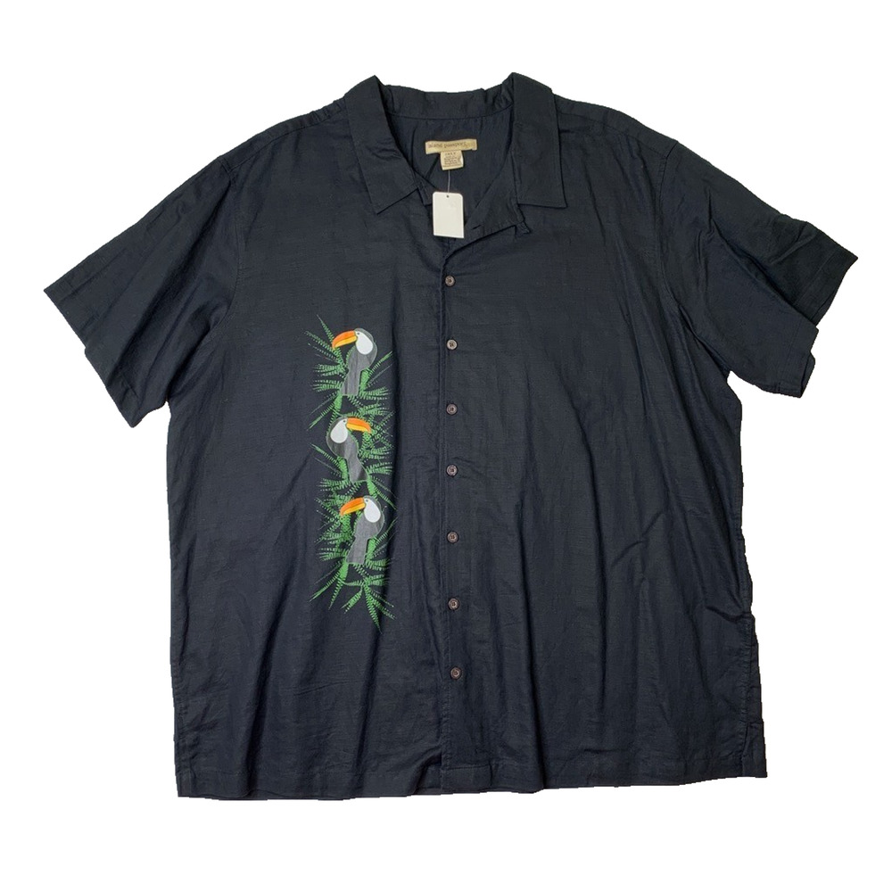 Island Passport Shirt Mens 2XLT Tall Black Linen Blend Toucan Bird Hawaiian